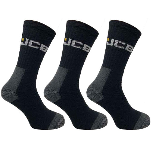 JCB Work Socks 3-Pack Black/Grey (UK Size 6-11) Essential Work Socks